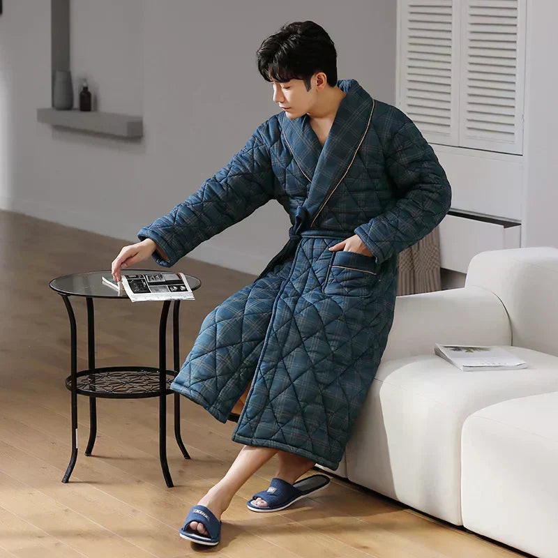 Accappatoio trapuntato in cotone CozyLayer — design lungo con cintura a tre strati - Desfino