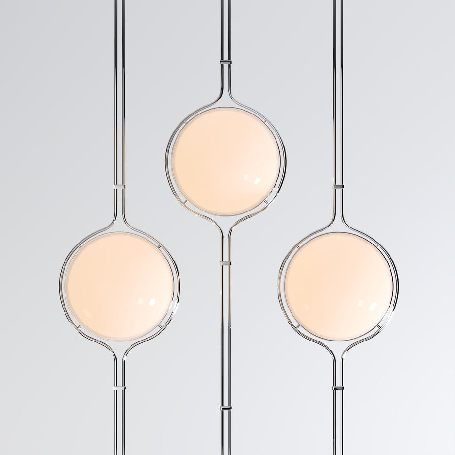 LumenCrest Floor-to-Ceiling LED Lamp — Beige Acrylic Half-Globes - Desfino
