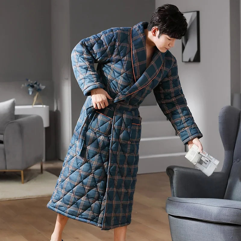 Accappatoio trapuntato in cotone CozyLayer — design lungo con cintura a tre strati - Desfino