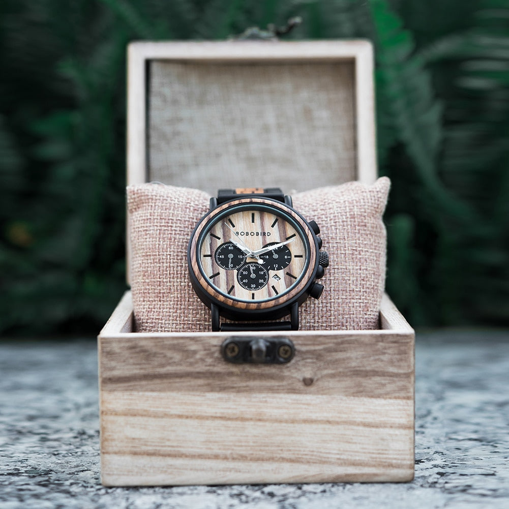 TimberLuxe-quartzur i træ — 44 mm rund urskive, 3ATM, gaveæske - Desfino