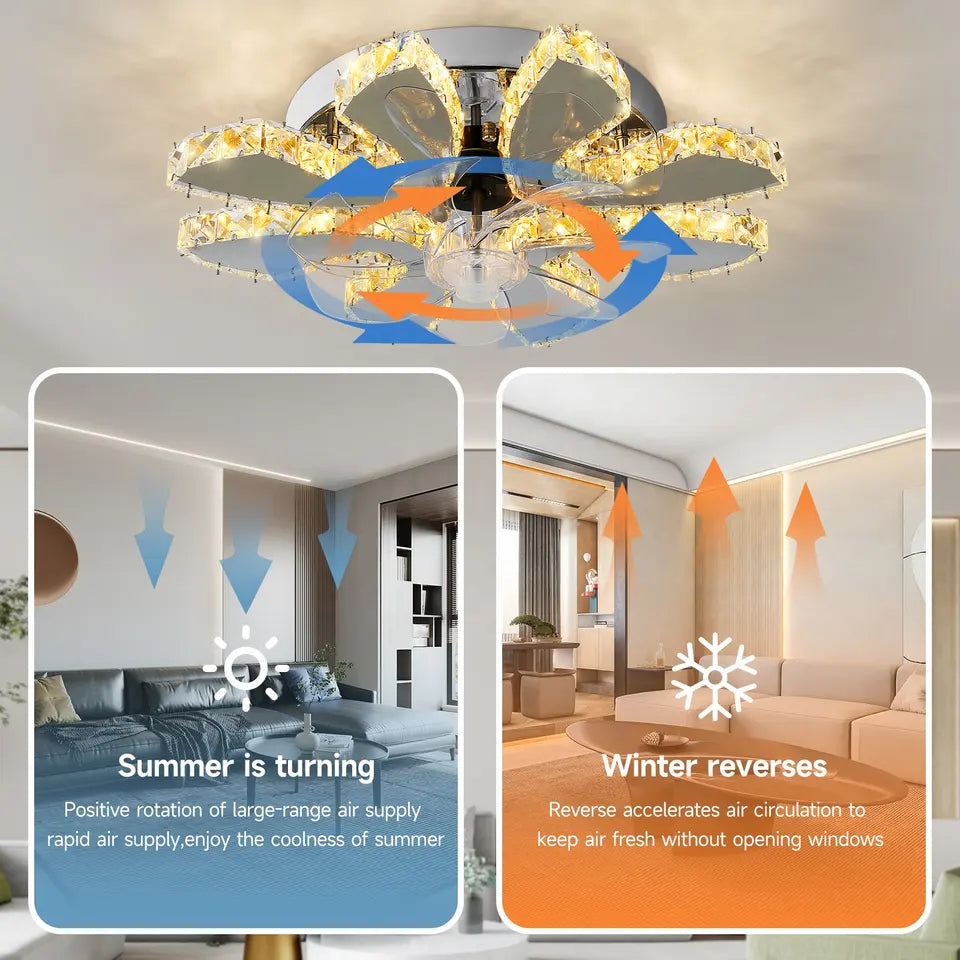 Lunera Fan—Smart Chrome Ceiling Fan, 13-Inch Retractable, Crystal LED - Desfino