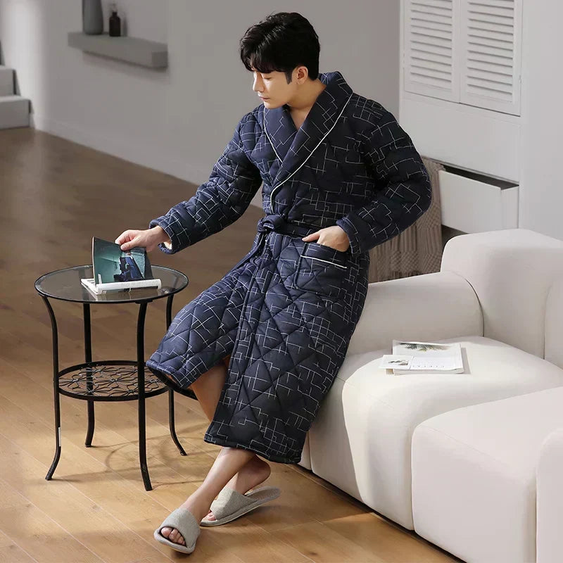 Accappatoio trapuntato in cotone CozyLayer — design lungo con cintura a tre strati - Desfino