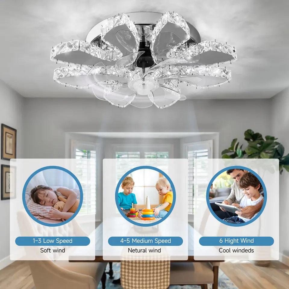 Lunera Fan—Smart Chrome Ceiling Fan, 13-Inch Retractable, Crystal LED - Desfino
