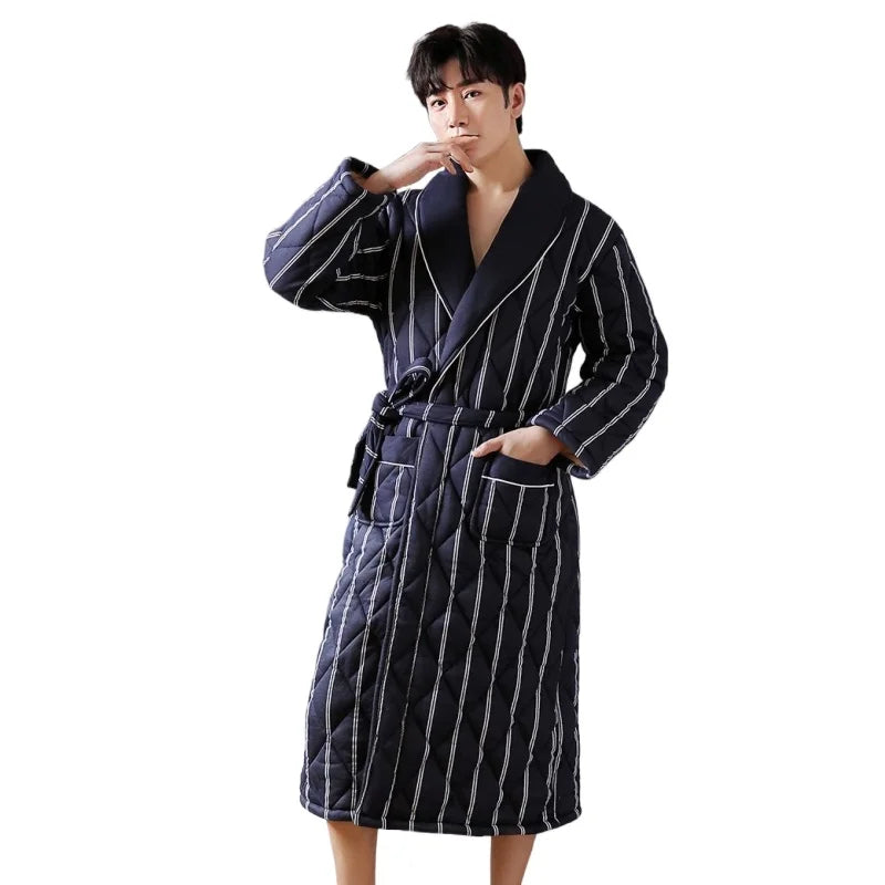 Accappatoio trapuntato in cotone CozyLayer — design lungo con cintura a tre strati - Desfino