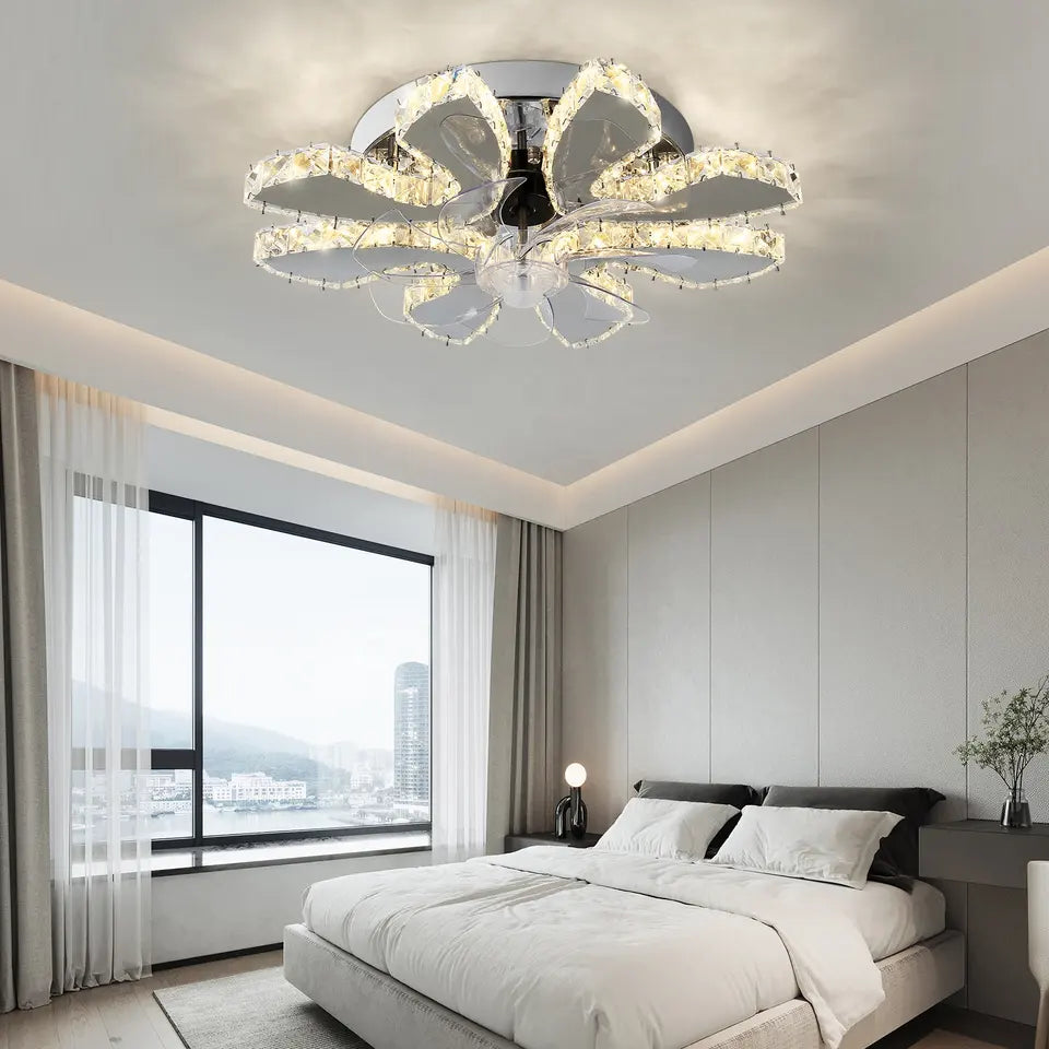Lunera Fan—Smart Chrome Ceiling Fan, 13-Inch Retractable, Crystal LED - Desfino