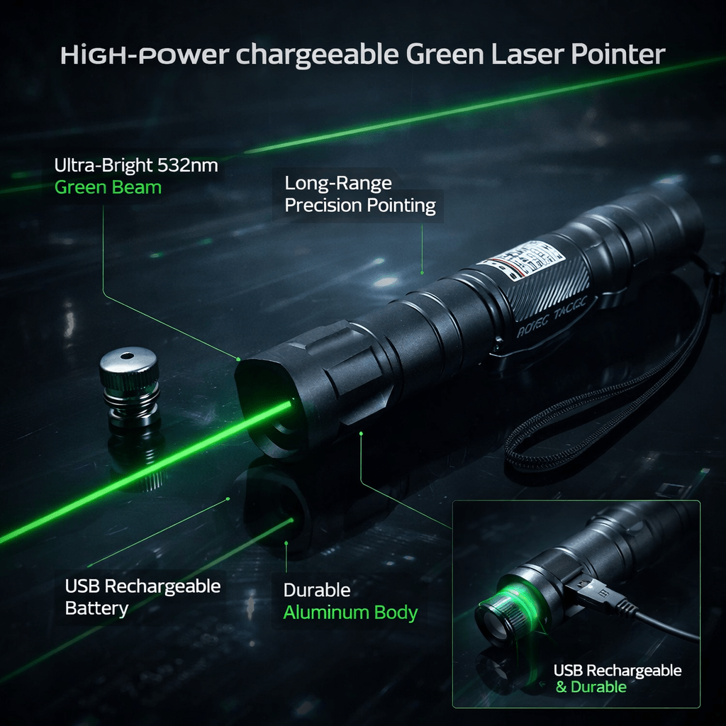 High-Power Green Laser Pointer, 532 nm — USB Rechargeable, 2000 m - Desfino