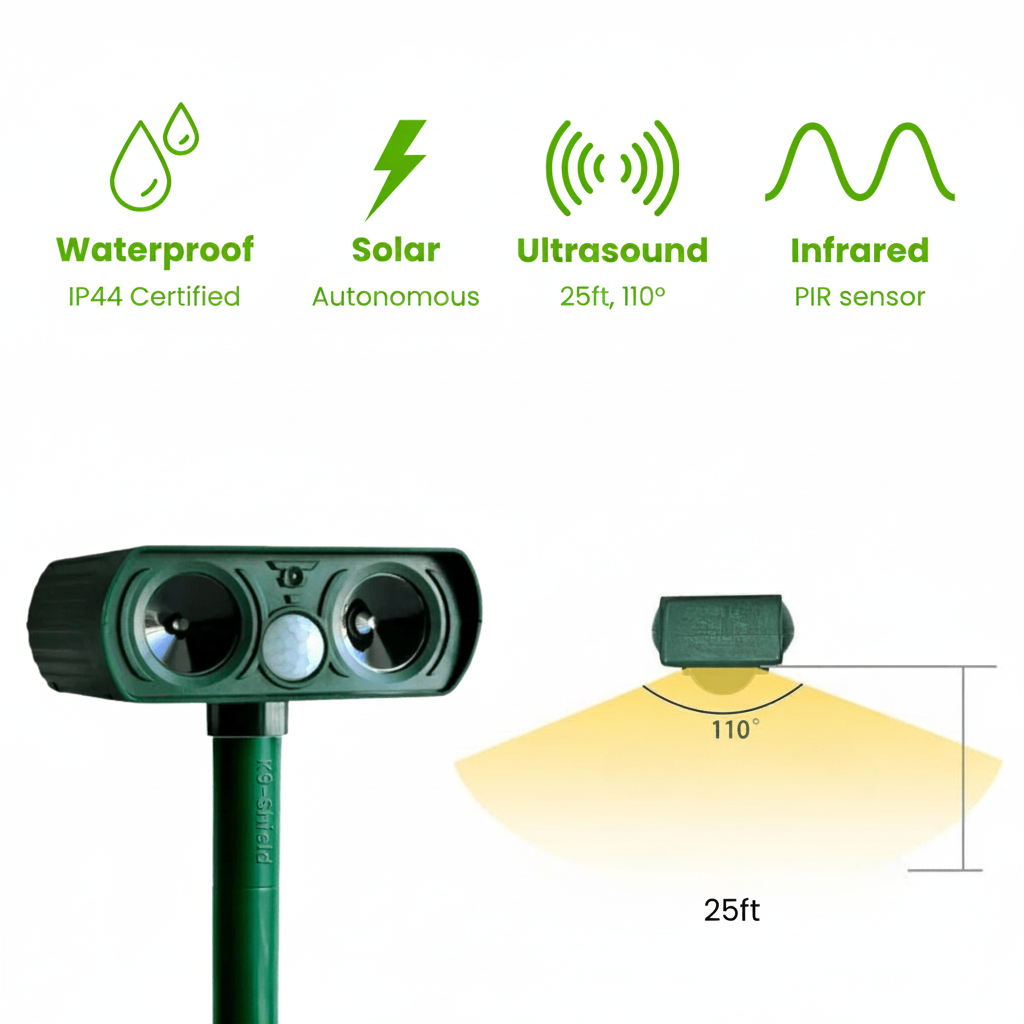 Dispozitiv solar de descurajare a câinilor, activat de mișcare — repelent ultrasonic pentru exterior | Desfino
