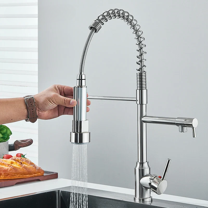 Grifo monomando de cocina de níquel cepillado NovaPulse — Caño extraíble giratorio de 360° - Desfino