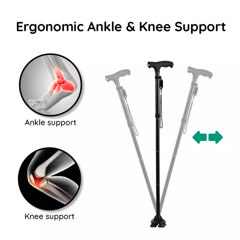 StrideFlex Foldable Walking Cane — LED Light, Anti-Shock, Quad Base - Desfino