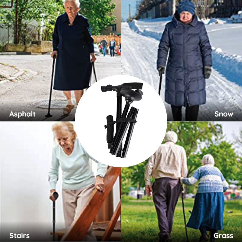 StrideFlex Foldable Walking Cane — LED Light, Anti-Shock, Quad Base - Desfino