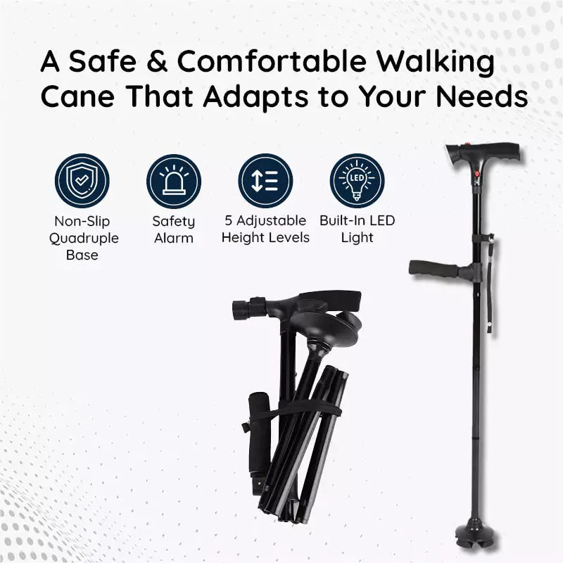 StrideFlex Foldable Walking Cane — LED Light, Anti-Shock, Quad Base - Desfino