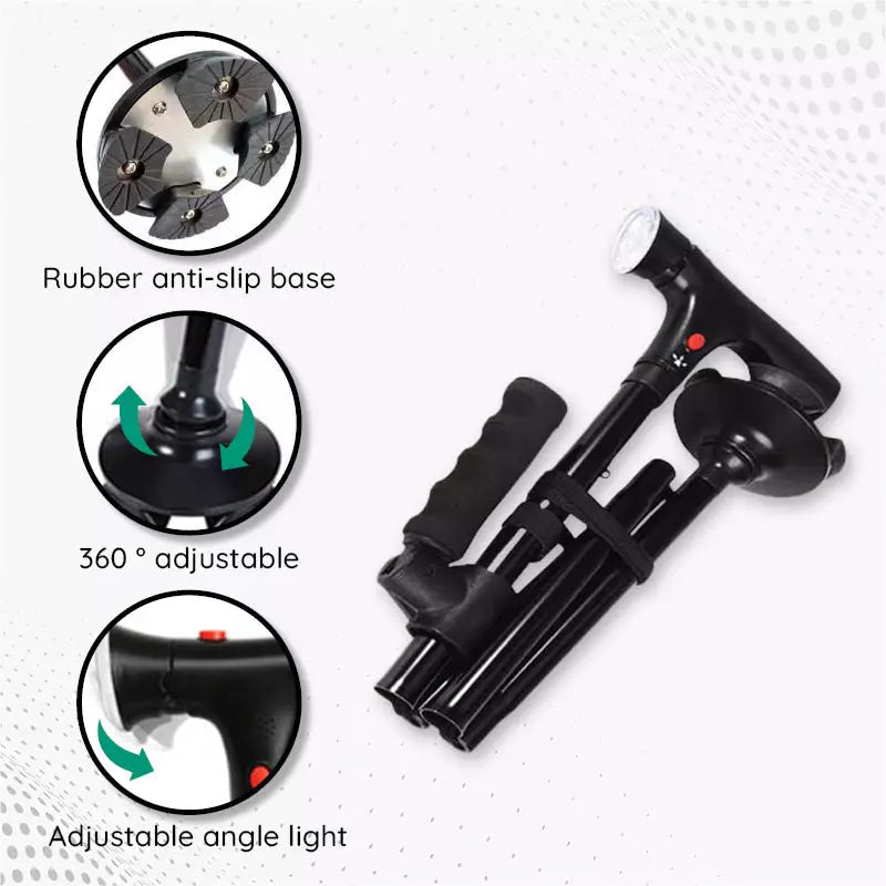 StrideFlex Foldable Walking Cane — LED Light, Anti-Shock, Quad Base - Desfino
