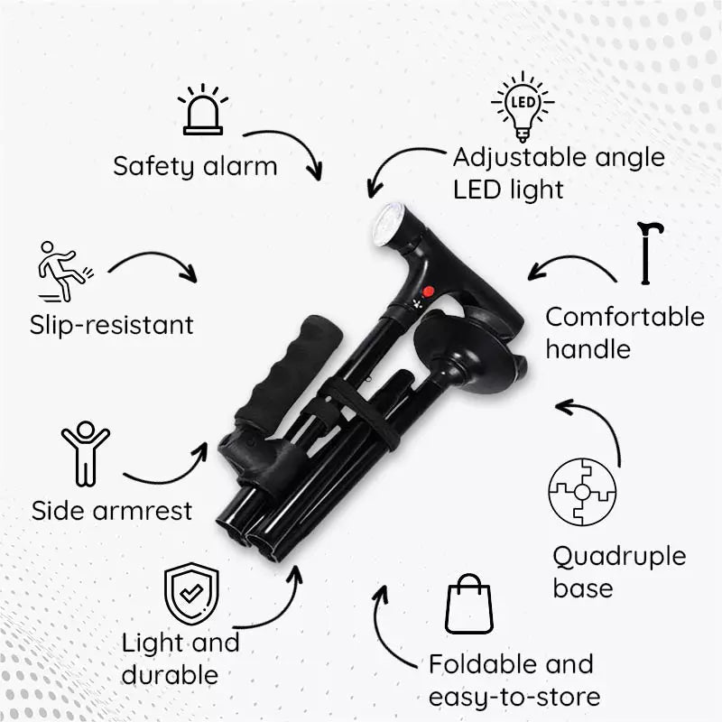 StrideFlex Foldable Walking Cane — LED Light, Anti-Shock, Quad Base - Desfino