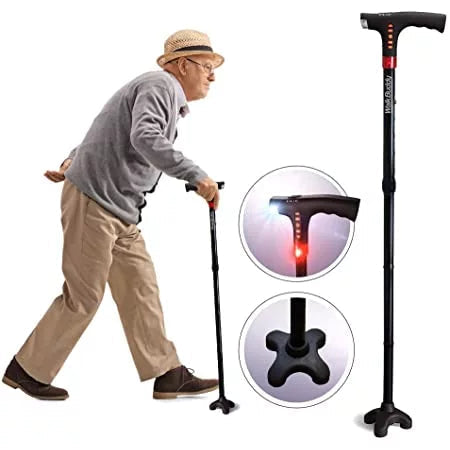 StrideFlex Foldable Walking Cane — LED Light, Anti-Shock, Quad Base - Desfino