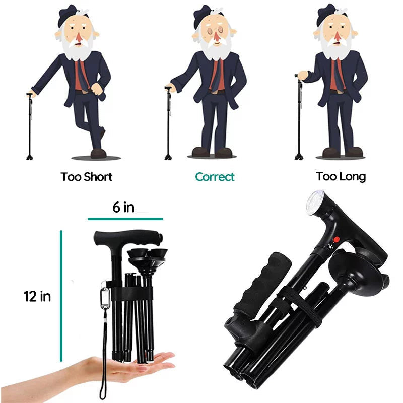 StrideFlex Foldable Walking Cane — LED Light, Anti-Shock, Quad Base - Desfino