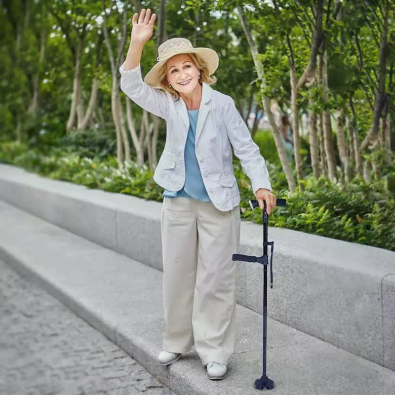 StrideFlex Foldable Walking Cane — LED Light, Anti-Shock, Quad Base - Desfino