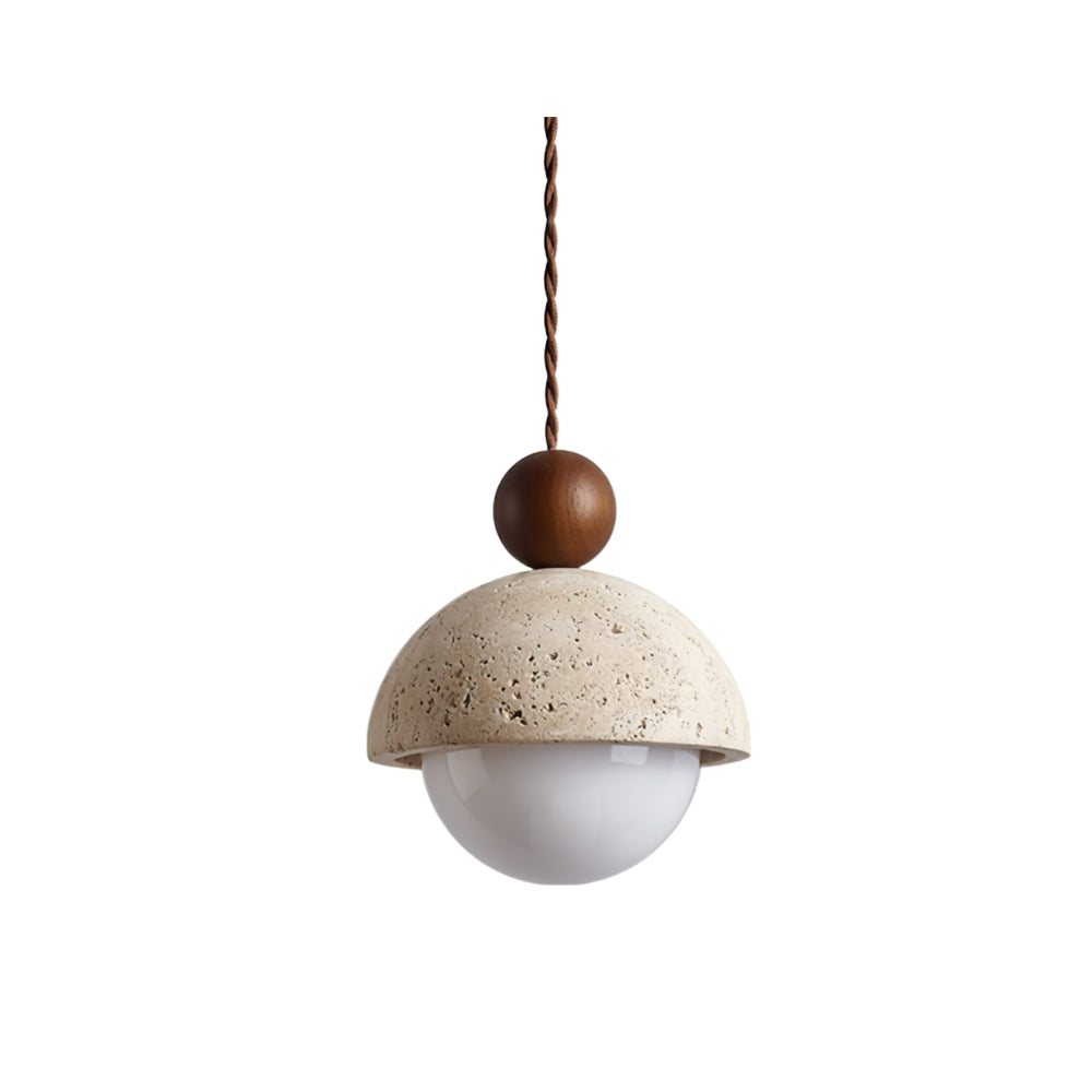 Suspension Lyra — Dôme en travertin, globe en verre et bois chaleureux | Desfino