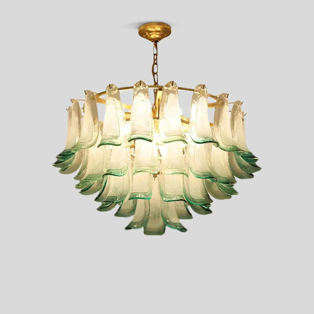 Gold Tiered Green Glass Chandelier for High Ceiling | Desfino