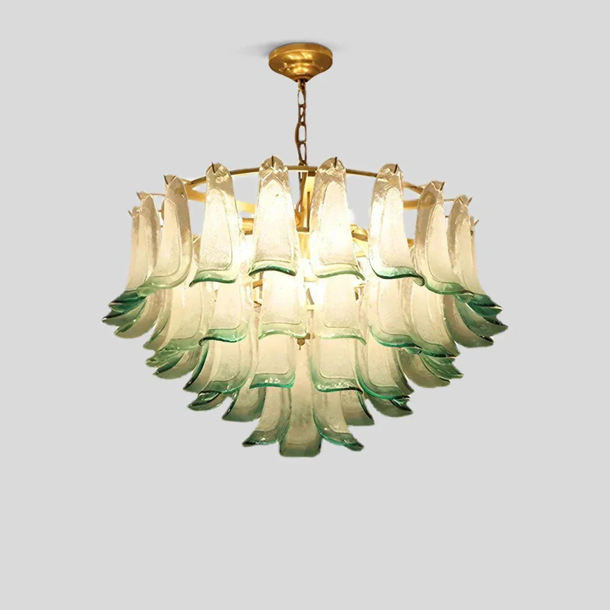 Gold Tiered Green Glass Chandelier for High Ceiling | Desfino