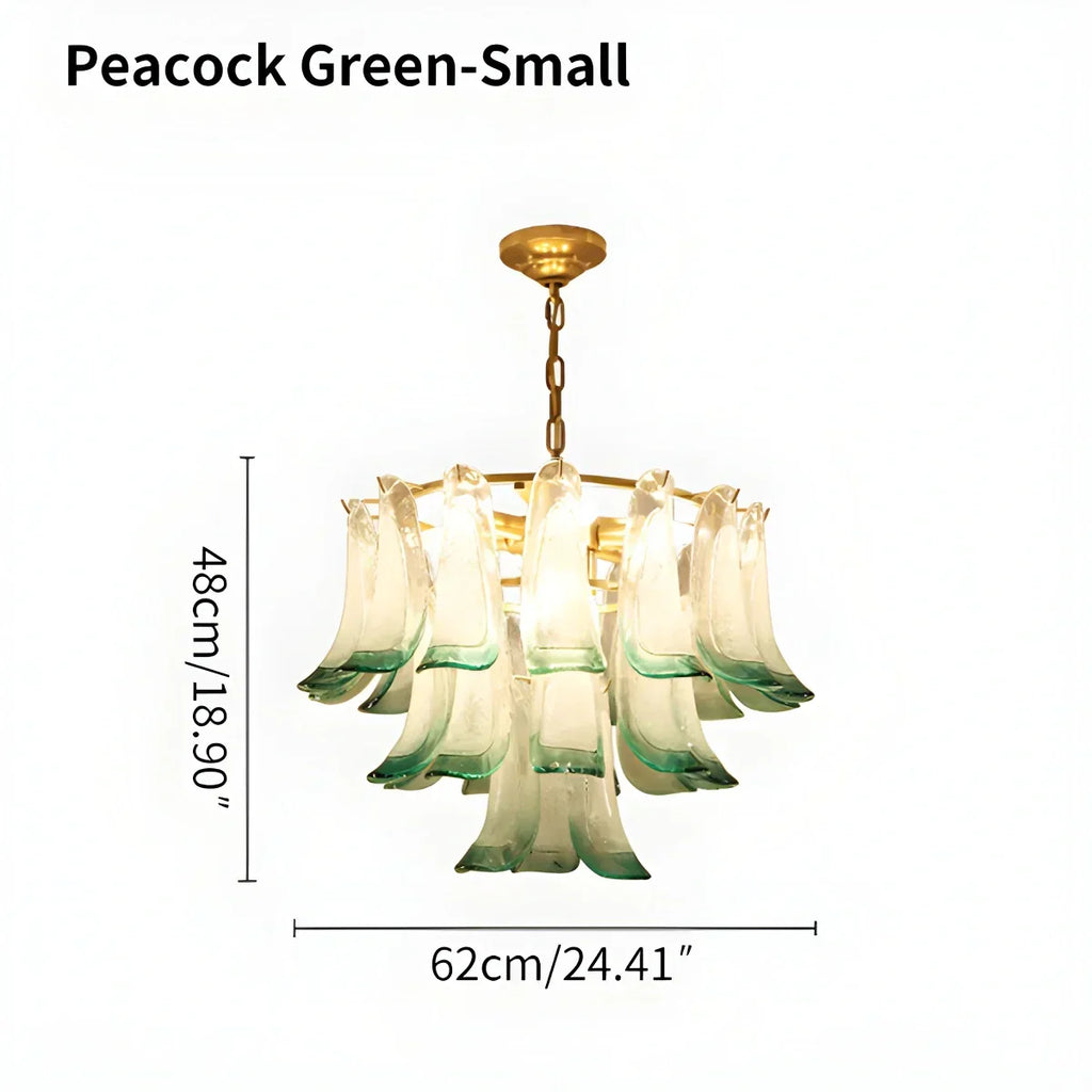Gold Tiered Green Glass Chandelier for High Ceiling | Desfino