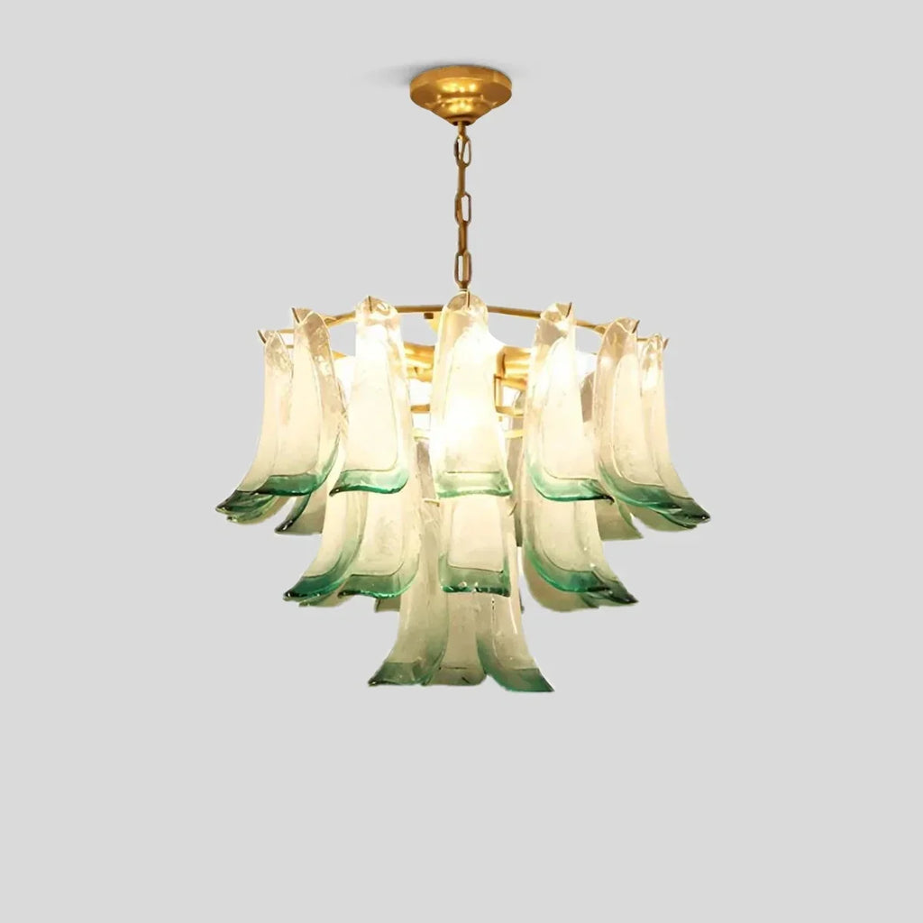 Gold Tiered Green Glass Chandelier for High Ceiling | Desfino