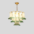 Gold Tiered Green Glass Chandelier for High Ceiling | Desfino