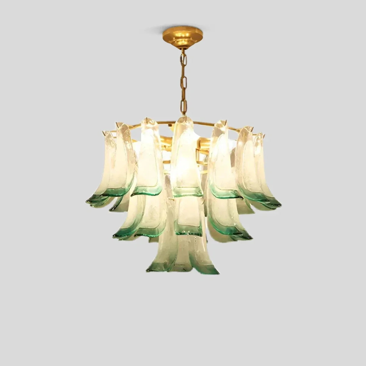 Gold Tiered Green Glass Chandelier for High Ceiling | Desfino