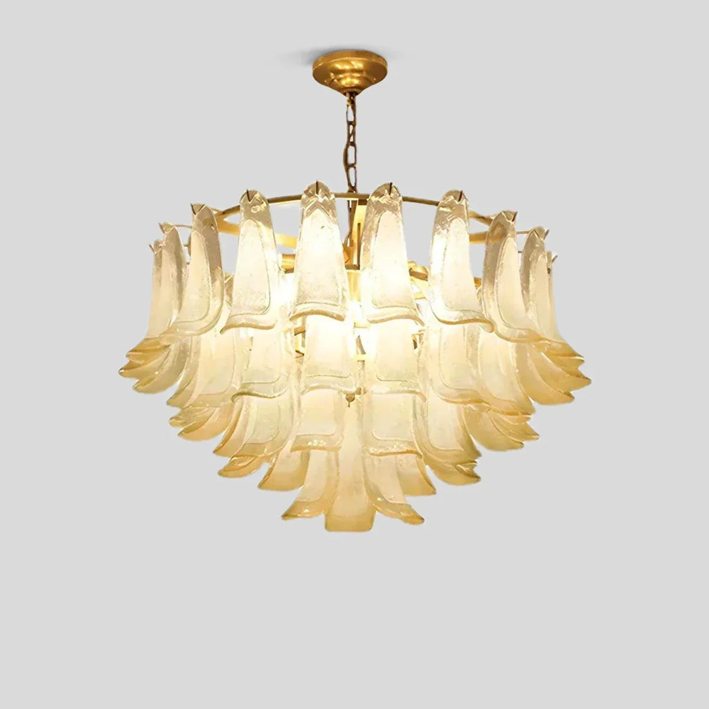 Gold Tiered Green Glass Chandelier for High Ceiling | Desfino