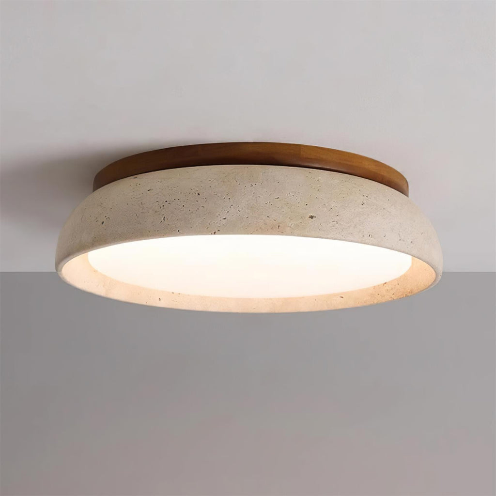 Aureli Round Ceiling Light — Natural Travertine, Wooden Base - Desfino