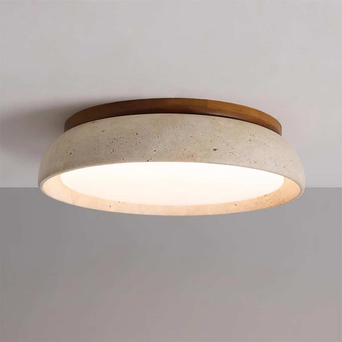 Aureli Round Ceiling Light — Natural Travertine, Wooden Base - Desfino