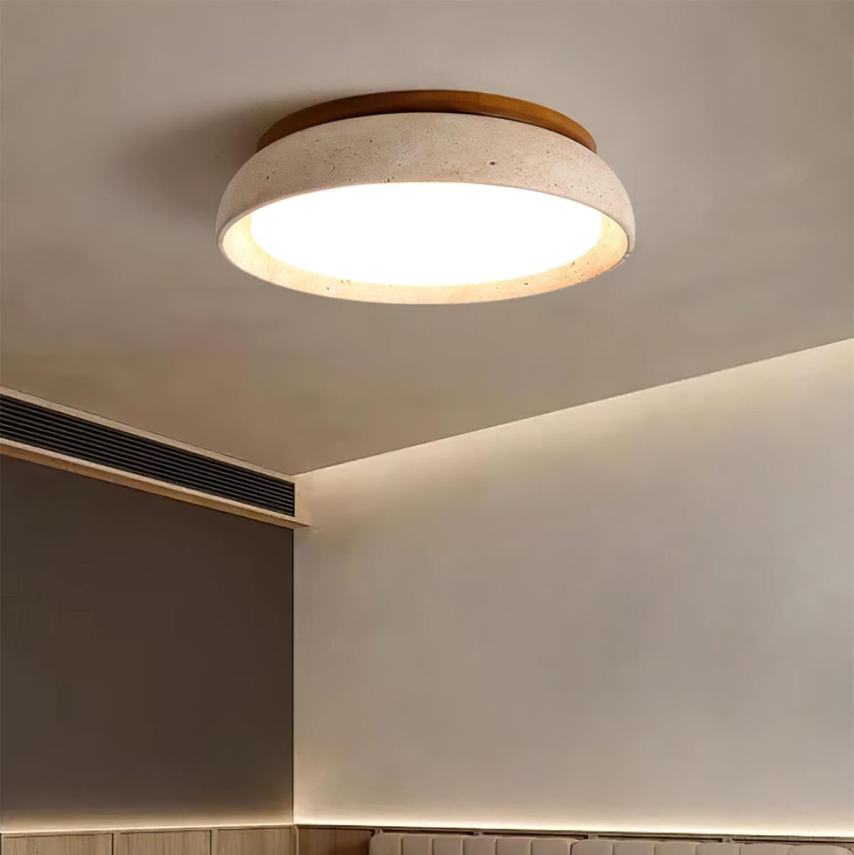 Aureli Round Ceiling Light — Natural Travertine, Wooden Base - Desfino