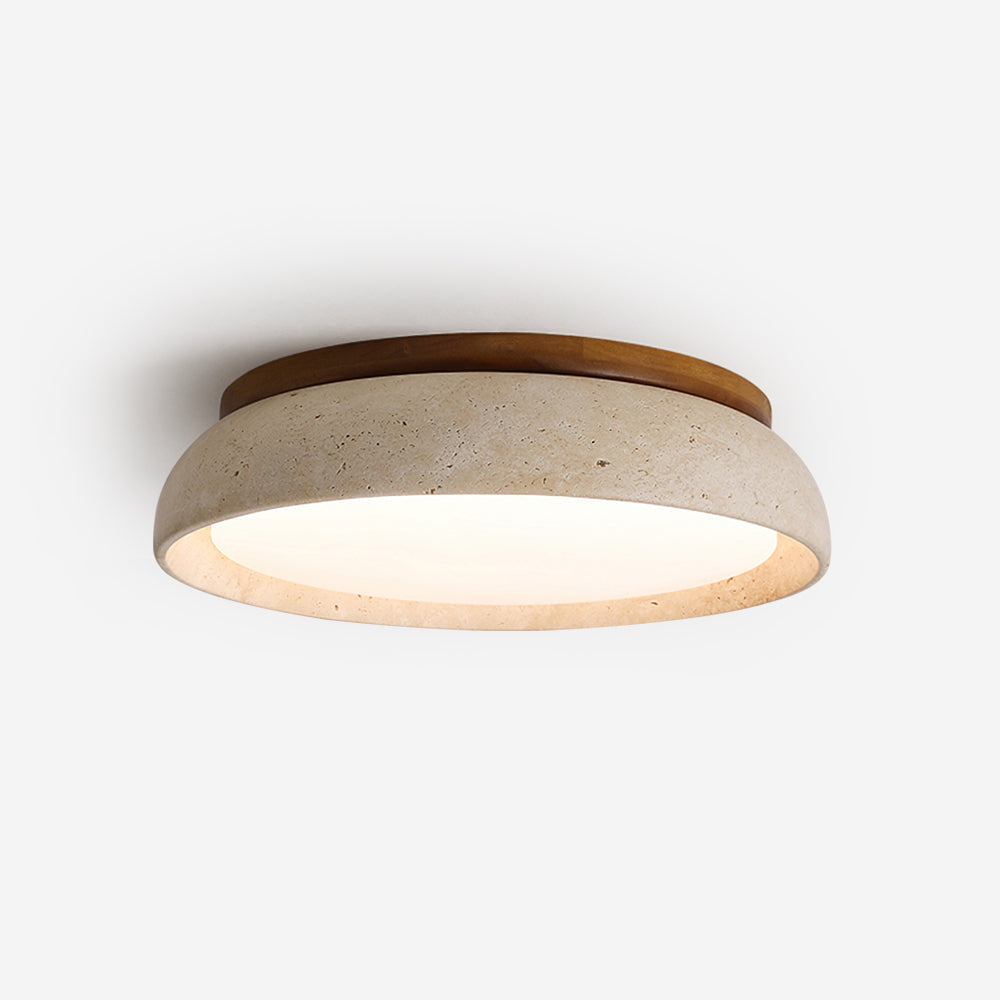 Aureli Round Ceiling Light — Natural Travertine, Wooden Base - Desfino