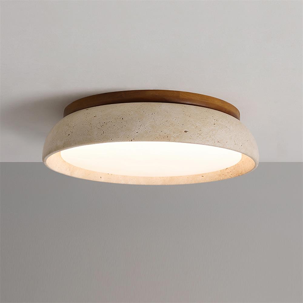 Aureli Round Ceiling Light — Natural Travertine, Wooden Base - Desfino