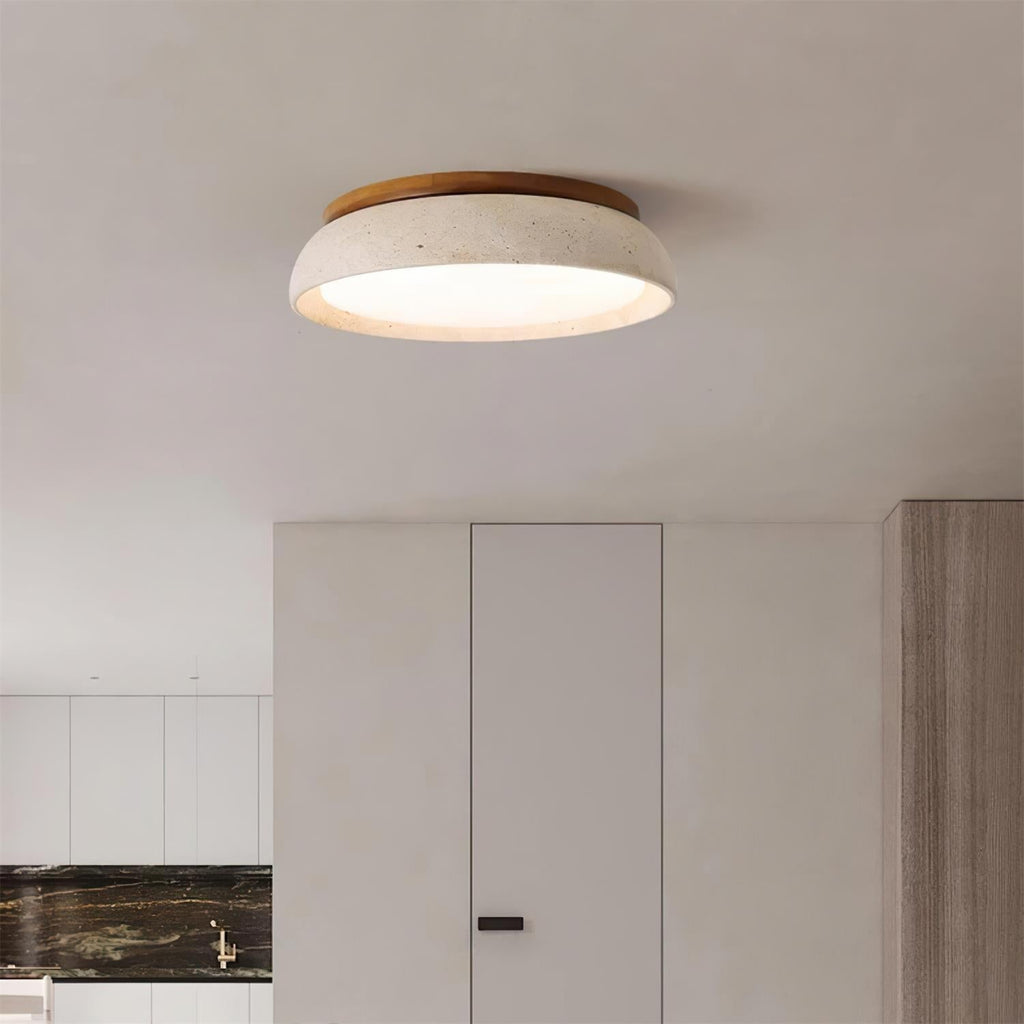 Aureli Round Ceiling Light — Natural Travertine, Wooden Base - Desfino