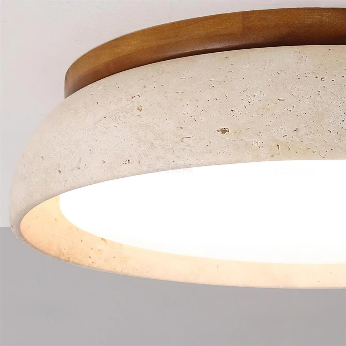 Aureli Round Ceiling Light — Natural Travertine, Wooden Base - Desfino