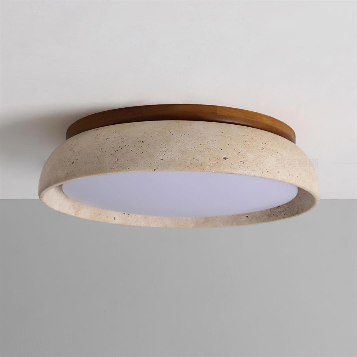 Aureli Round Ceiling Light — Natural Travertine, Wooden Base - Desfino