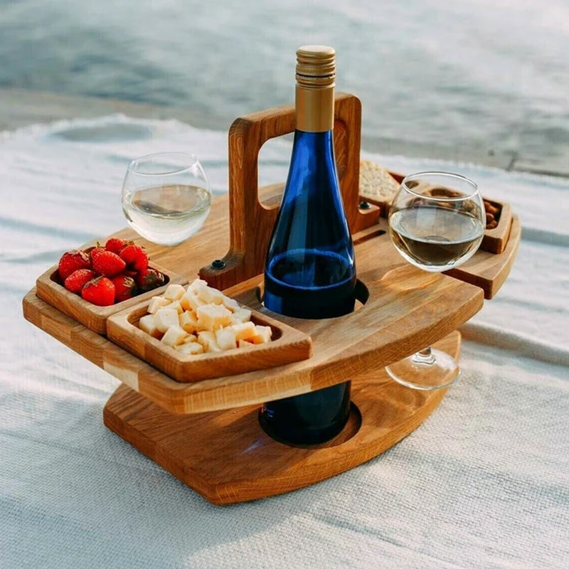 Masă de vin din lemn Luminis — Pliabilă, suport pentru sticle, pahare și gustări - Desfino