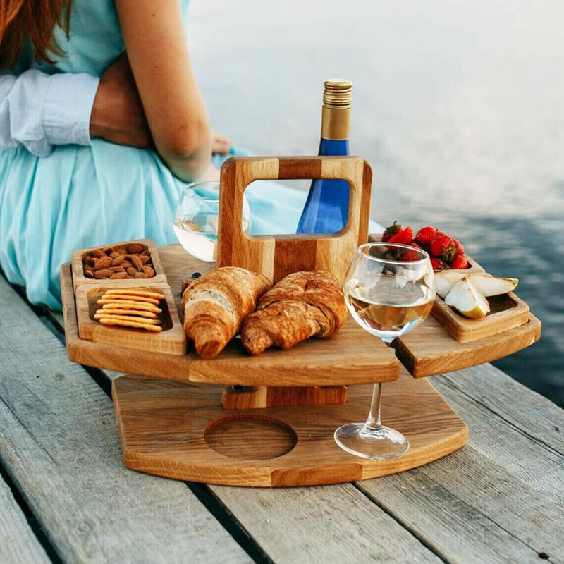 Masă de vin din lemn Luminis — Pliabilă, suport pentru sticle, pahare și gustări - Desfino