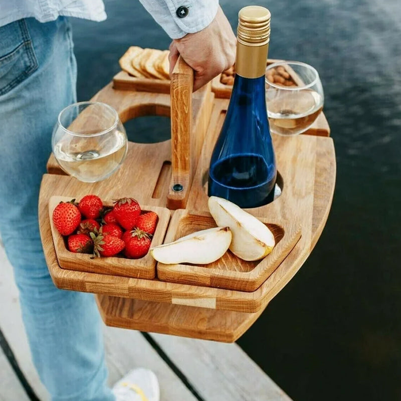 Masă de vin din lemn Luminis — Pliabilă, suport pentru sticle, pahare și gustări - Desfino