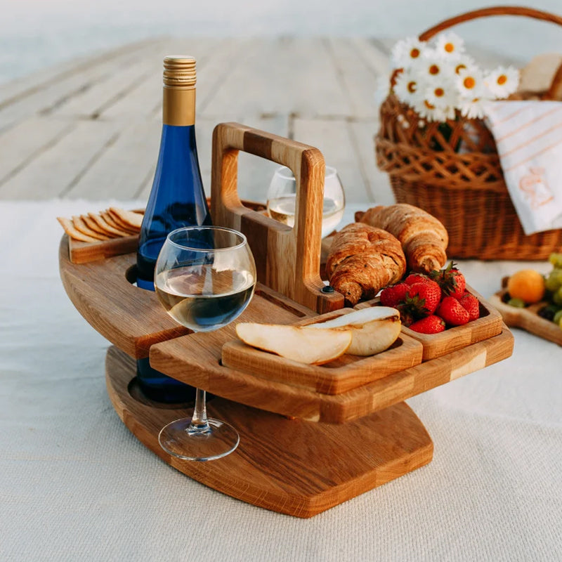 Masă de vin din lemn Luminis — Pliabilă, suport pentru sticle, pahare și gustări - Desfino