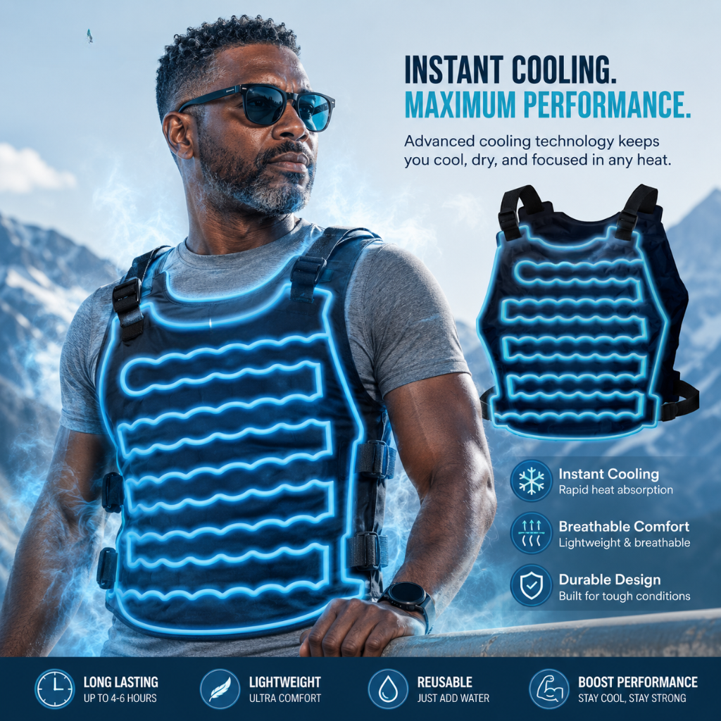 PolarCore justerbar isvest — genanvendelig gelkerne til lindring af varme - Desfino