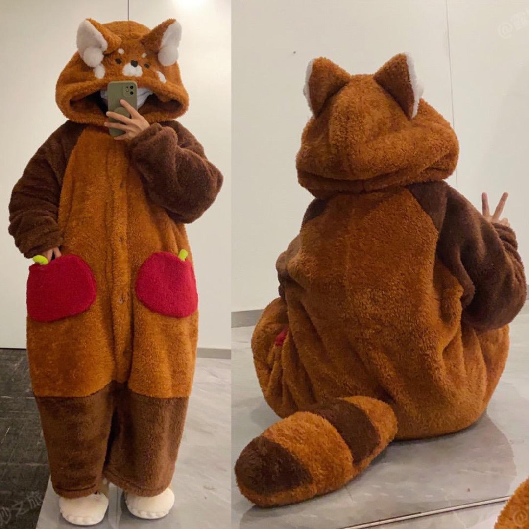 卡通小熊猫睡衣套装 — 连帽长袖，暖棕色
