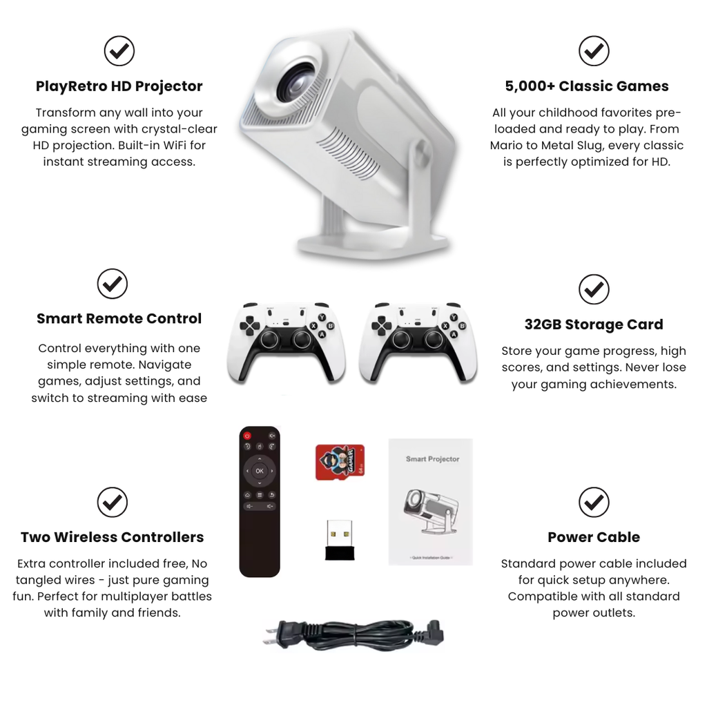 Projecteur rétro 7-en-1 : plus de 110,000 jeux, 70+ systèmes, sans WiFi - Desfino