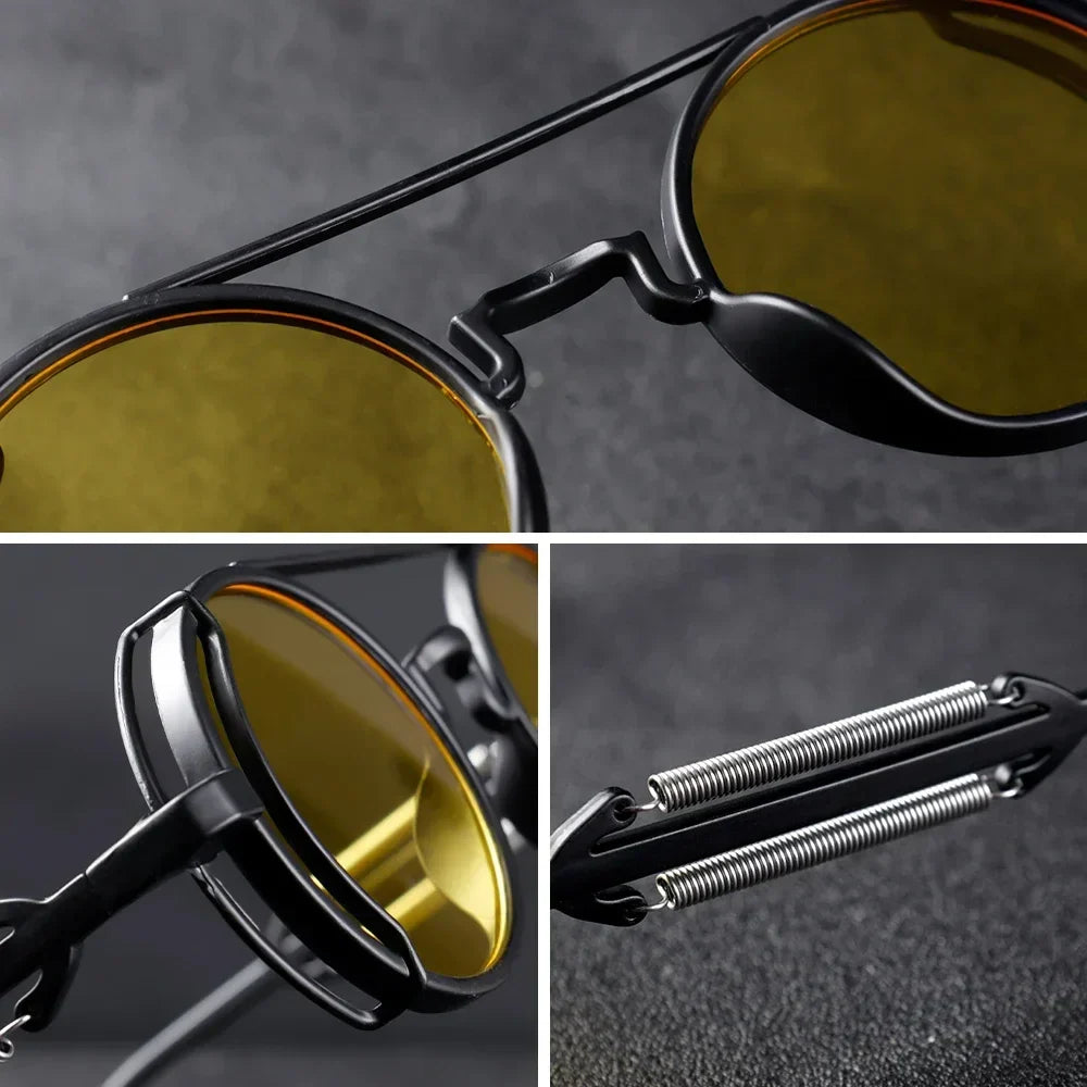 FluxNova Rogue Fusion Runde Sonnenbrille — Details mit mechanischen Gelenken, Retro-Design
