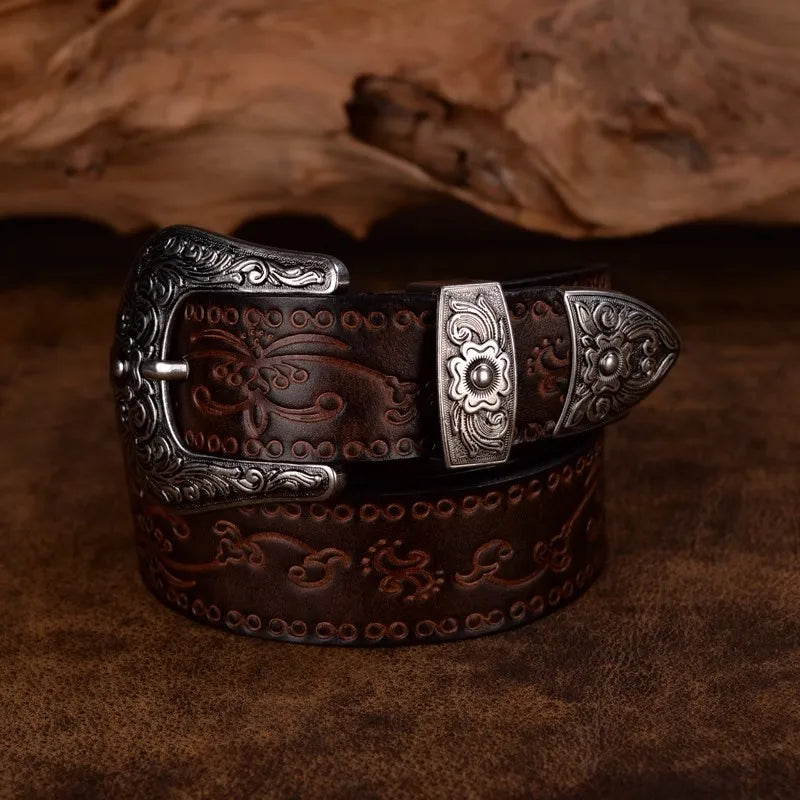 Marisol Western Belt — Intricate Silver Buckle, Heritage Style - Desfino