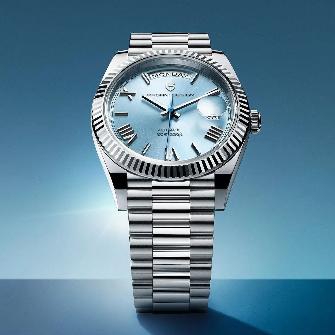 Aurelio Automatik-Herrenuhr aus Edelstahl—Automatischer Aufzug, Tag-Datum-Anzeige - Desfino