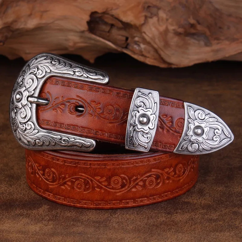Marisol Western Belt — Intricate Silver Buckle, Heritage Style - Desfino