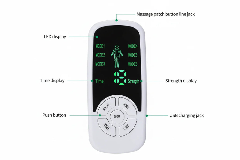 TENS-muskelstimulator — 6 moduser, 10 nivåer, stor LCD-skjerm, 4 elektroder - Desfino
