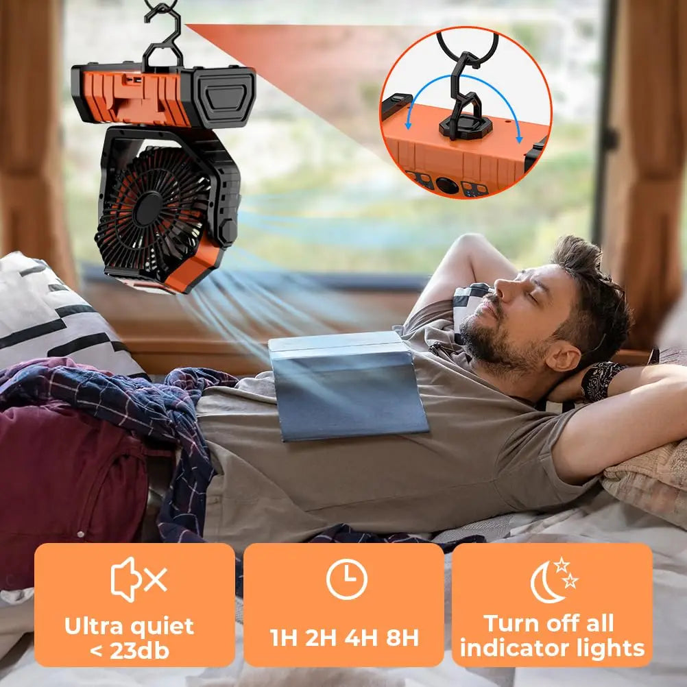 Ventilador de camping 3 en 1 TrailBreeze de 20000mAh, luz LED y batería externa - Desfino