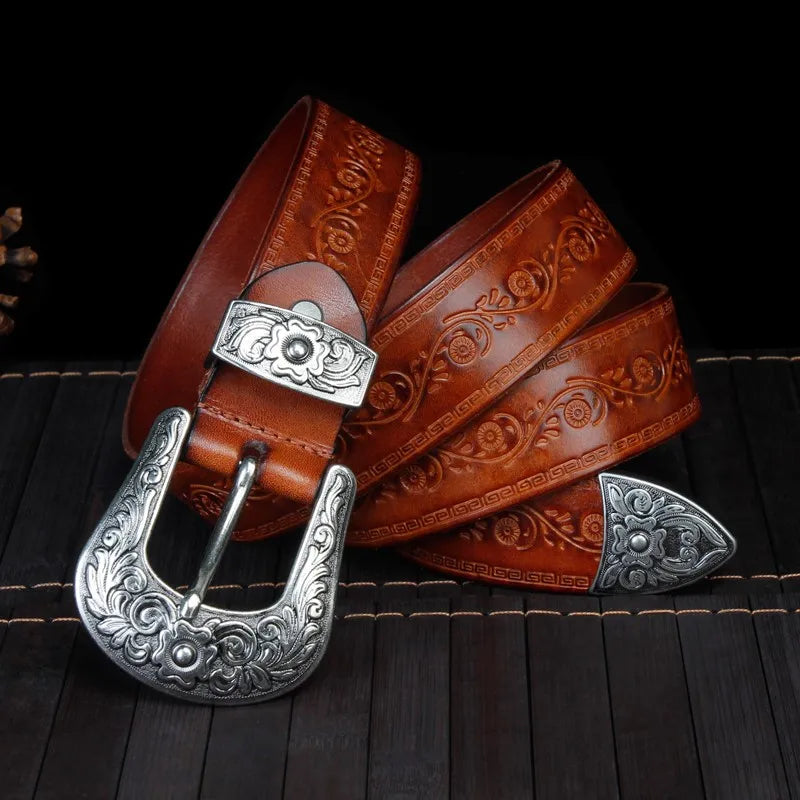 Marisol Western Belt — Intricate Silver Buckle, Heritage Style - Desfino